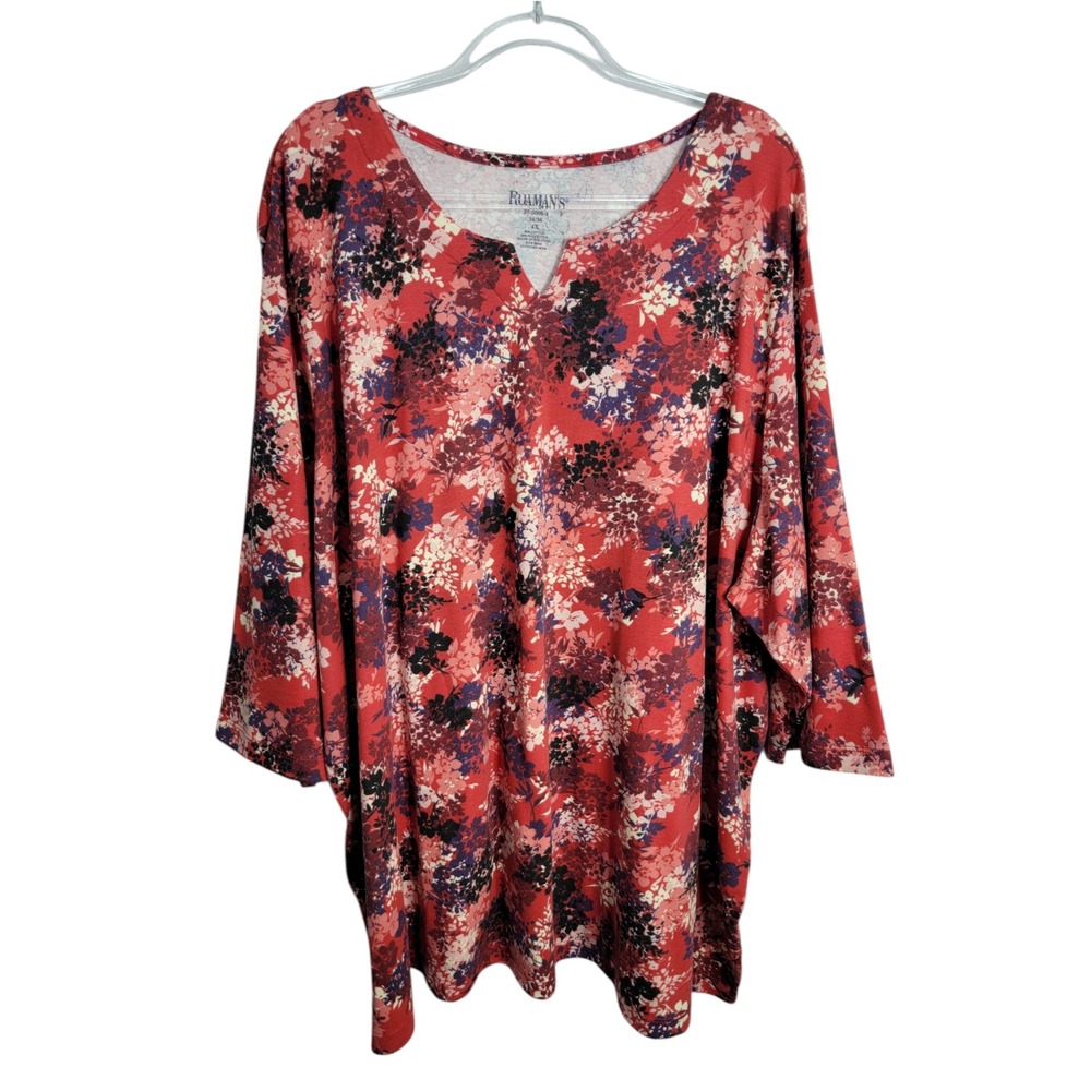 Roaman's Women 34/36 Tunic Top Red Floral 3/4 Sleeve Split Neck Stretch
